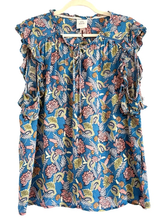 Knox Rose Tops - Knox Rose Blue Floral Ruffle Sleeve Tie-Neck Blouse XXL